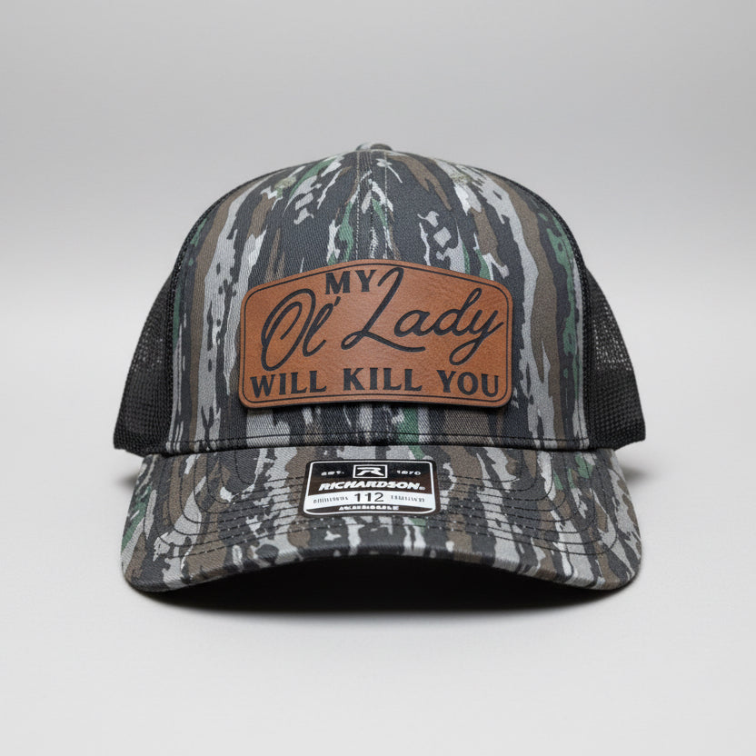 QUICK ORDER My Ol’ Lady Will K*ll You Hat - Brown leather patch