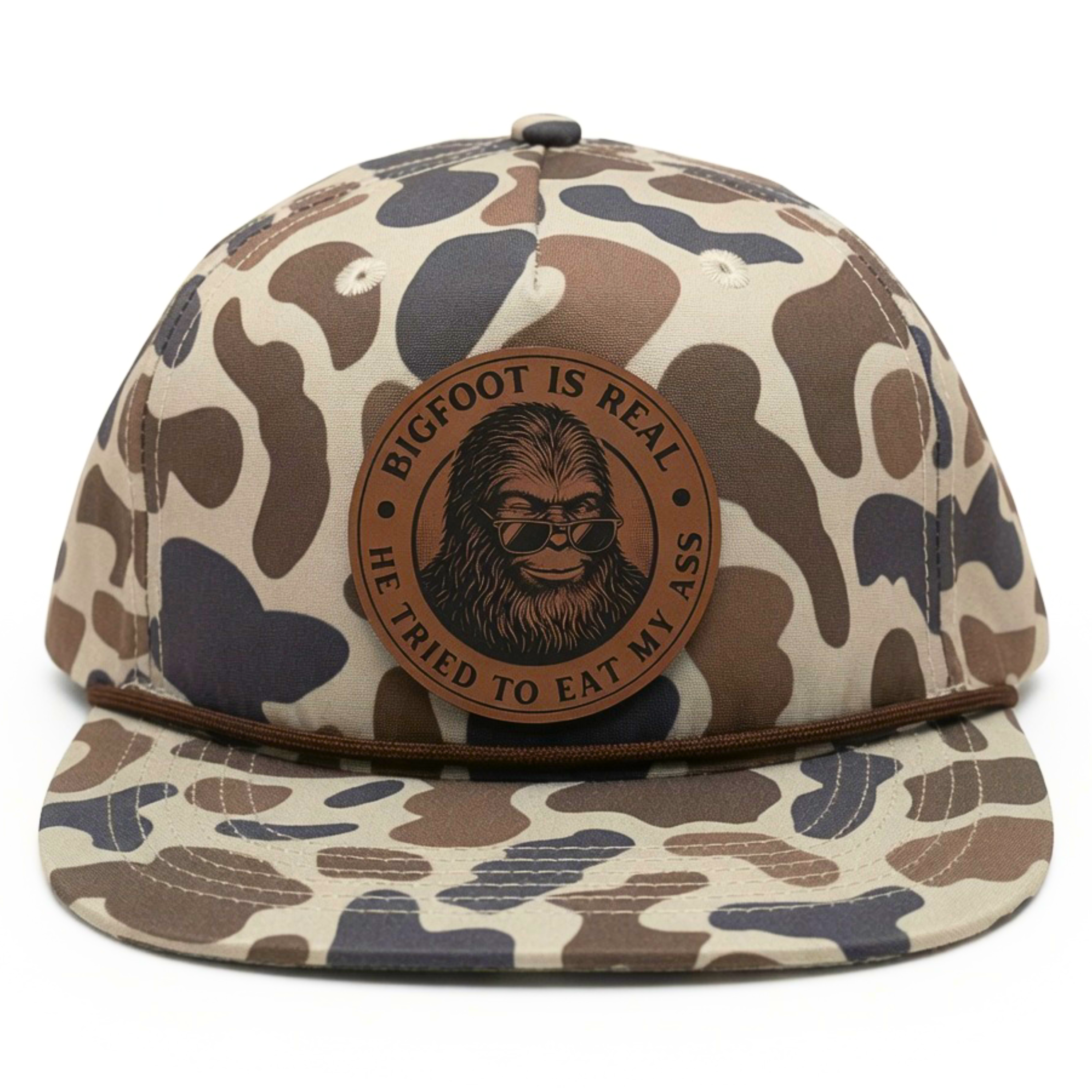 QUICK ORDER Bigfoot is real he tried to eat my ass hat - brown leather circle patch
