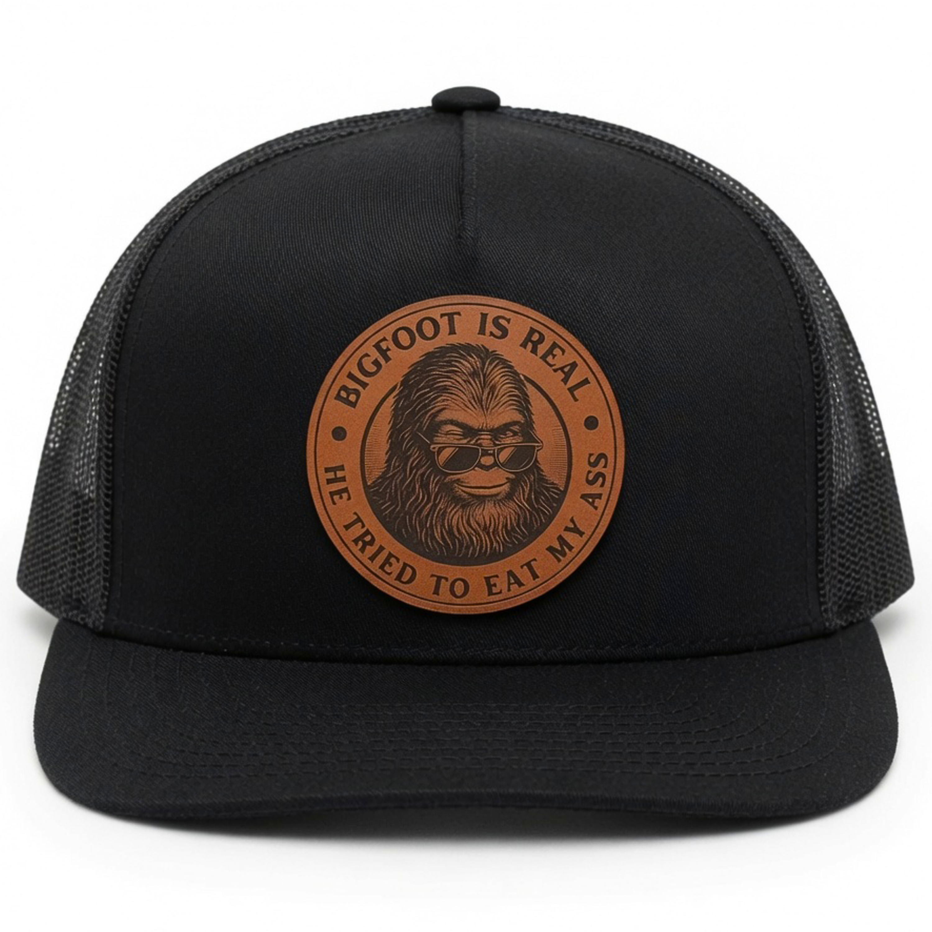QUICK ORDER Bigfoot is real he tried to eat my ass hat - brown leather circle patch