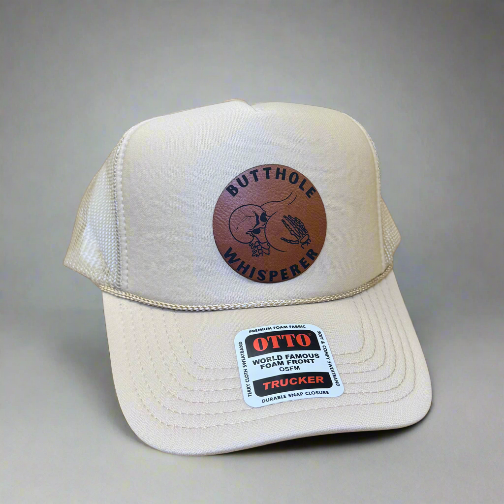 QUICK ORDER Butthole Whisperer Hat - leather circle skeleton patch