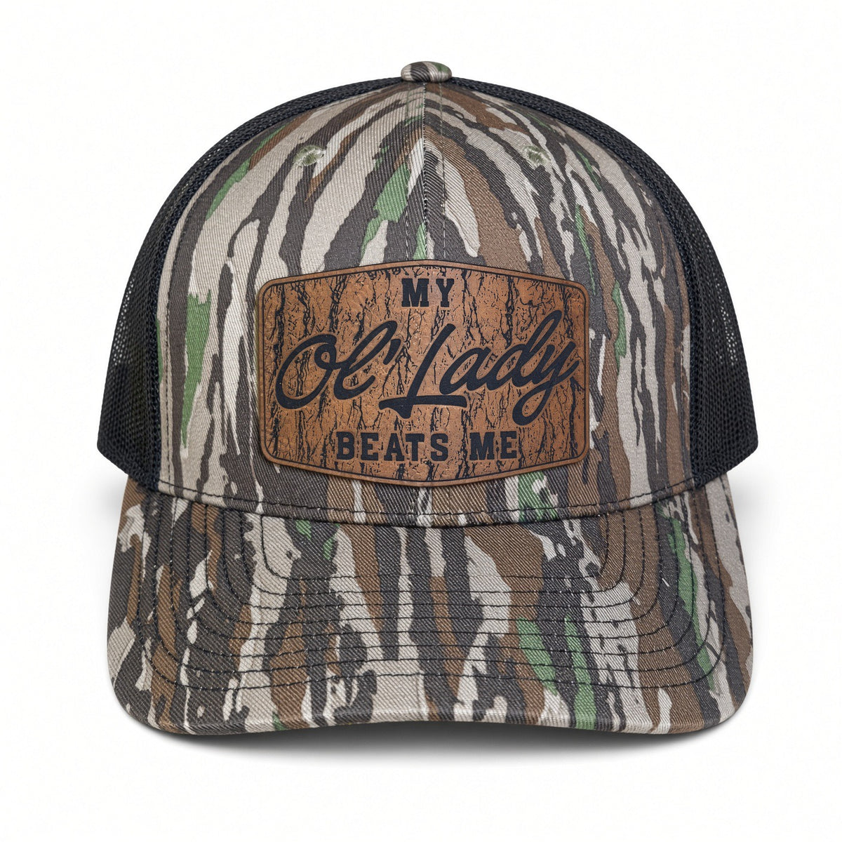 QUICK ORDER My ol’ lady beats me hat - brown leather patch/ style 2