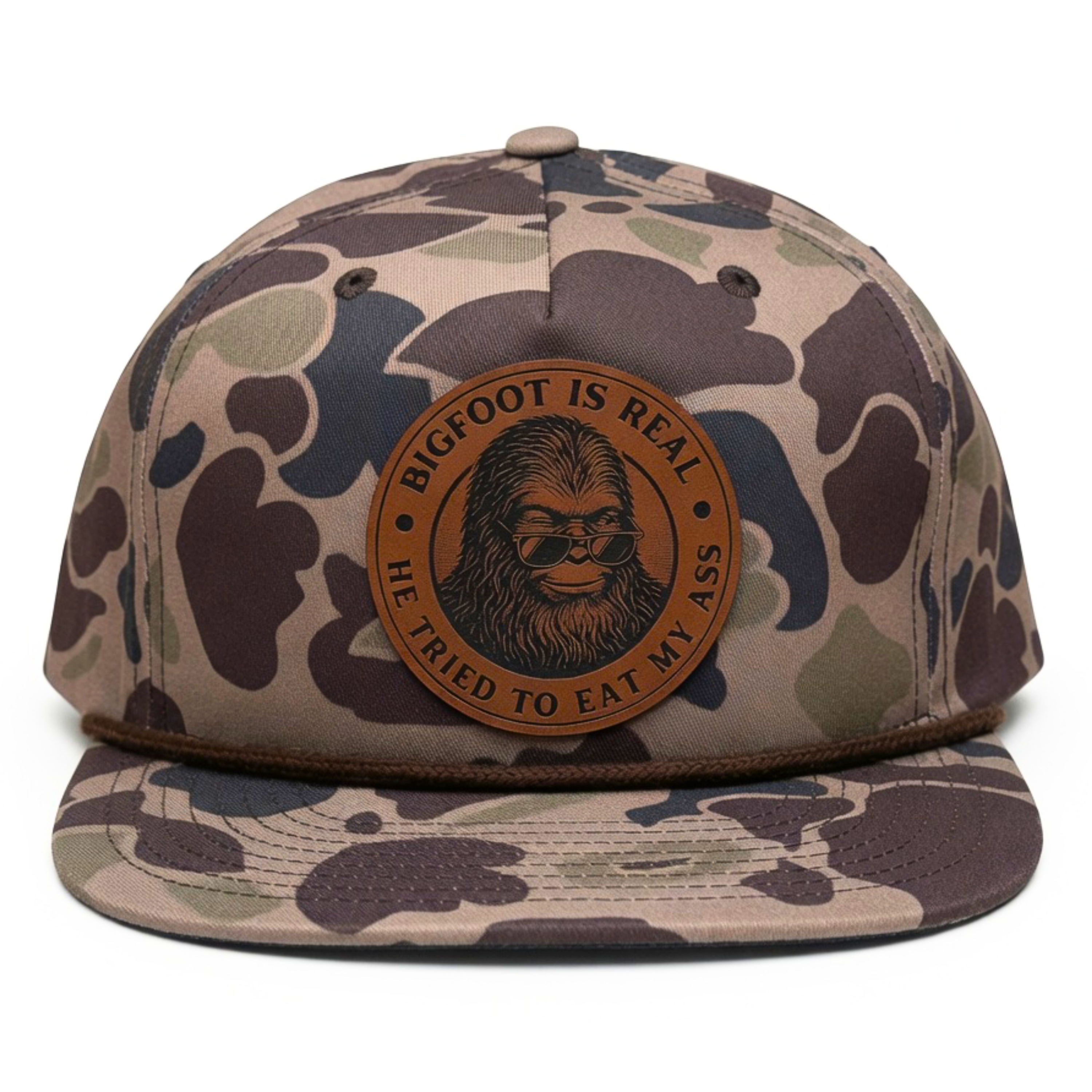 QUICK ORDER Bigfoot is real he tried to eat my ass hat - brown leather circle patch