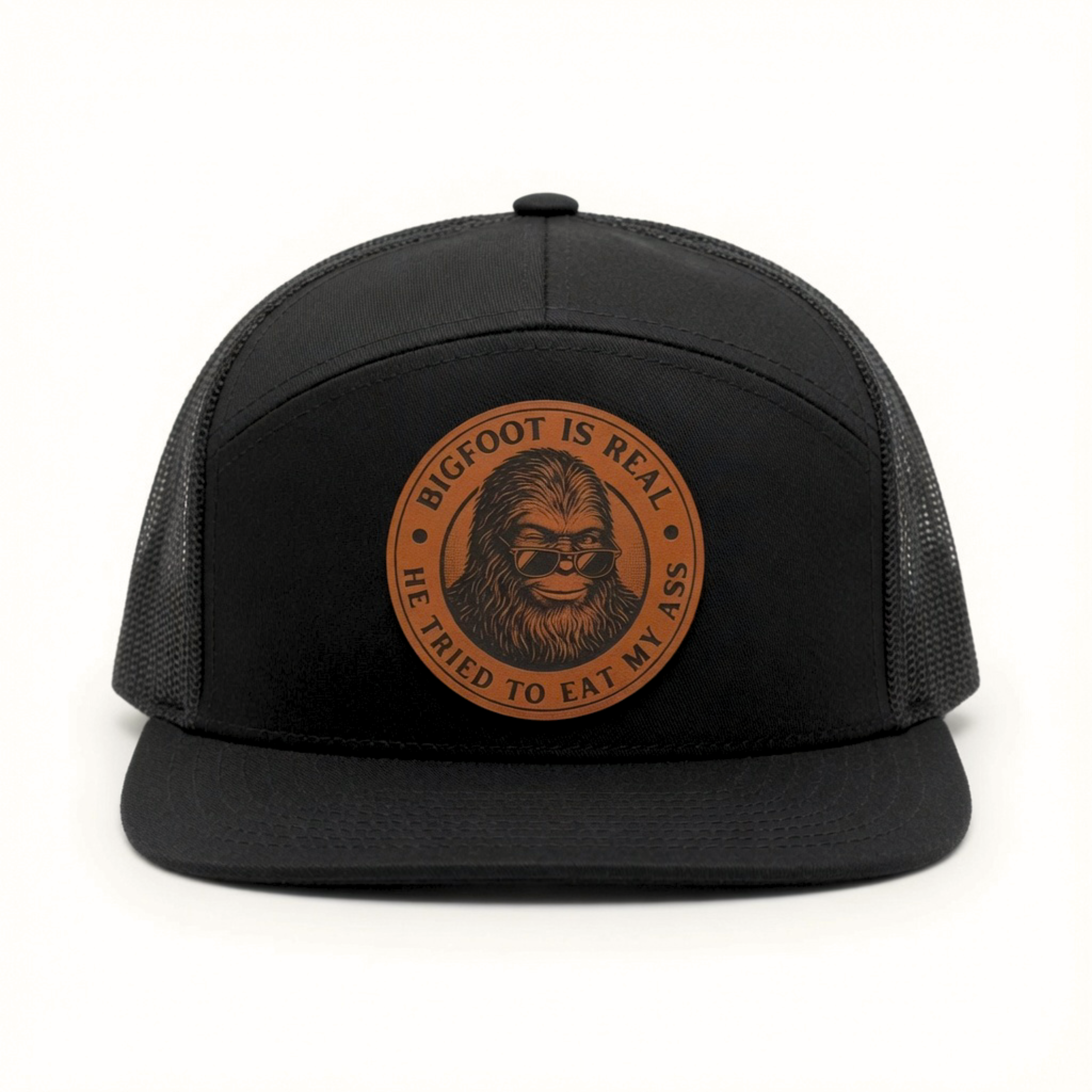 QUICK ORDER Bigfoot is real he tried to eat my ass hat - brown leather circle patch