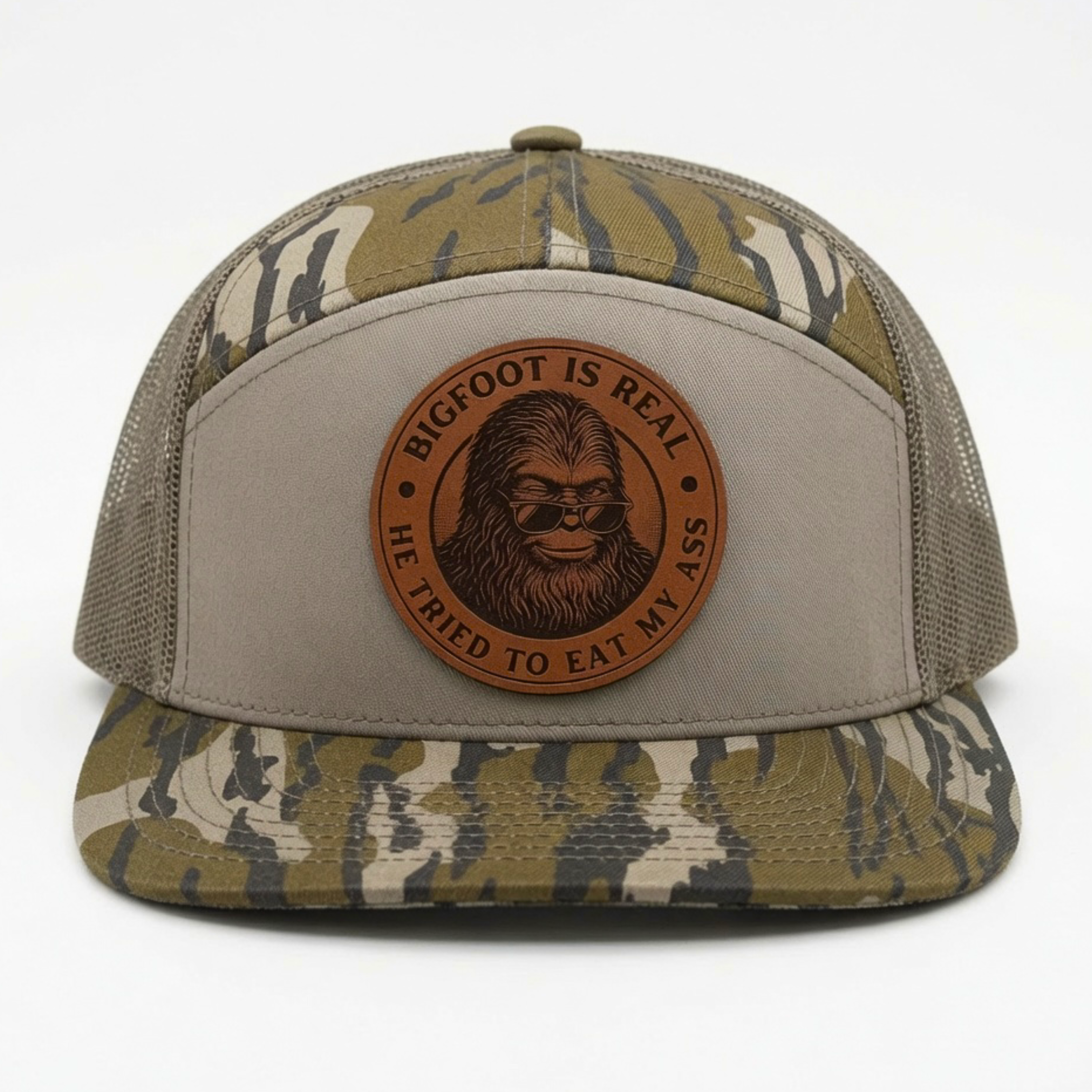 QUICK ORDER Bigfoot is real he tried to eat my ass hat - brown leather circle patch