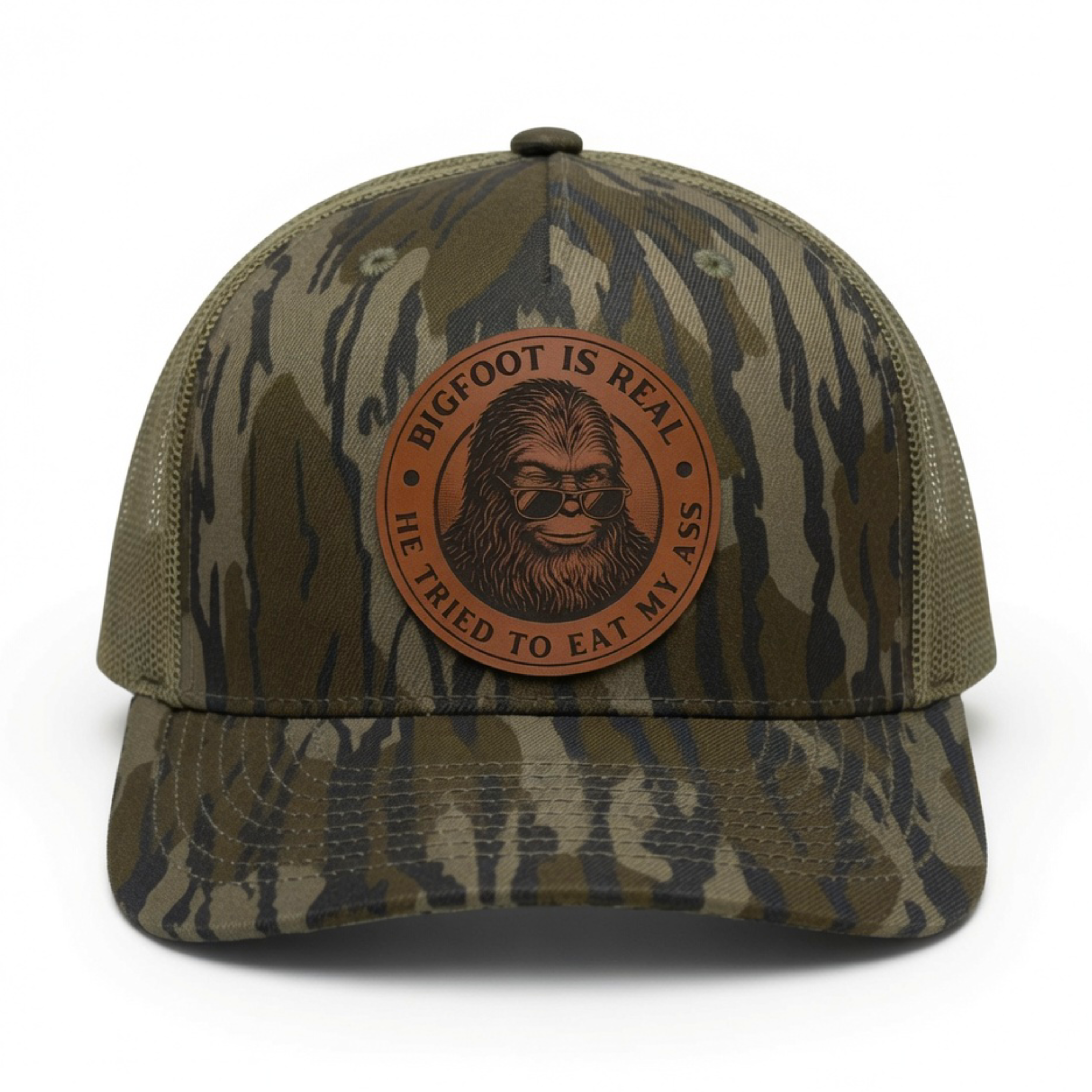 QUICK ORDER Bigfoot is real he tried to eat my ass hat - brown leather circle patch