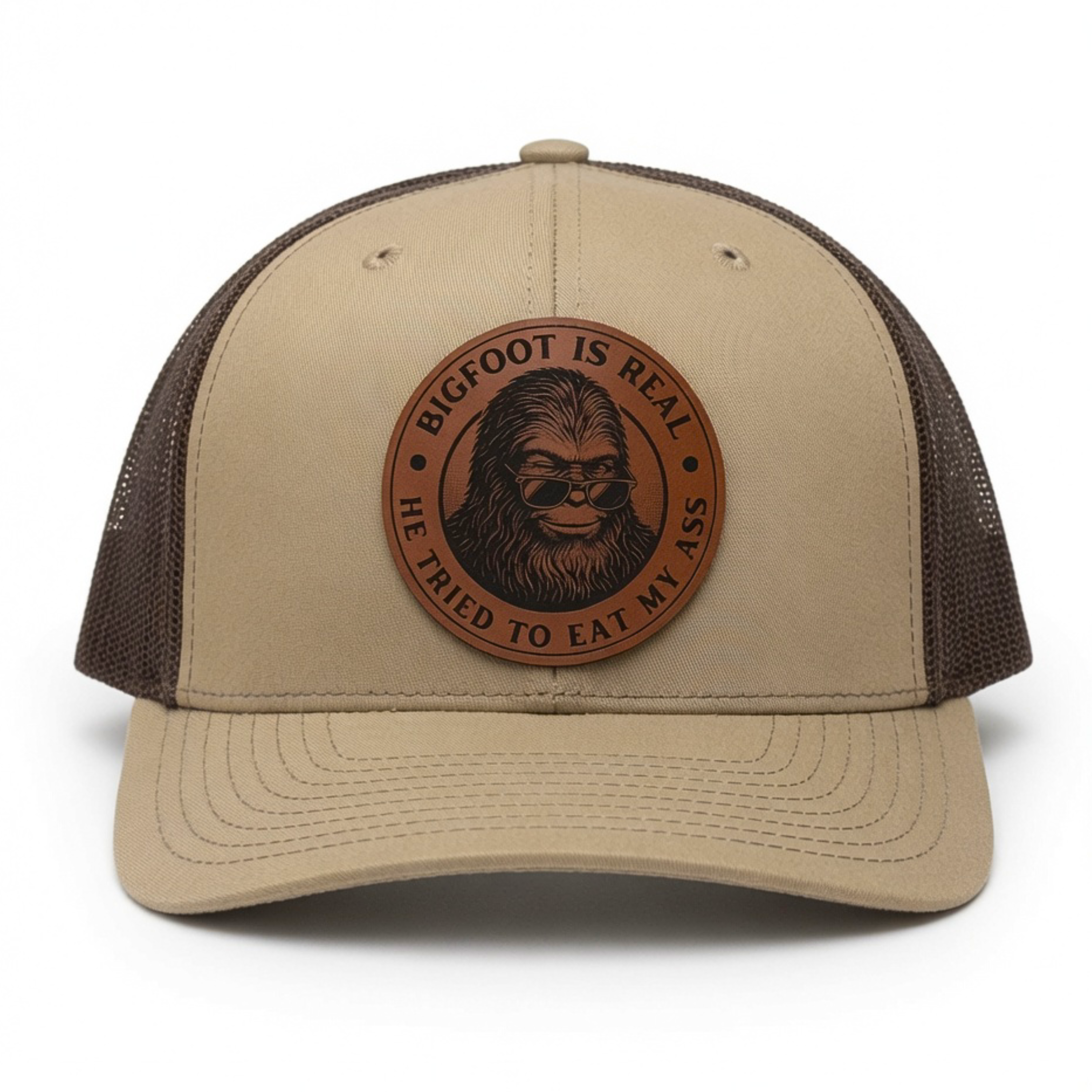QUICK ORDER Bigfoot is real he tried to eat my ass hat - brown leather circle patch