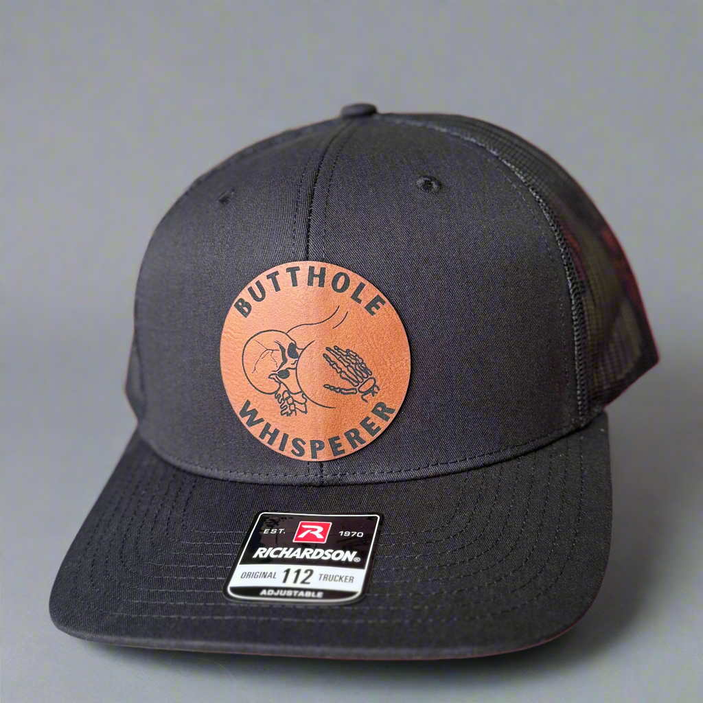 QUICK ORDER Butthole Whisperer Hat - leather circle skeleton patch