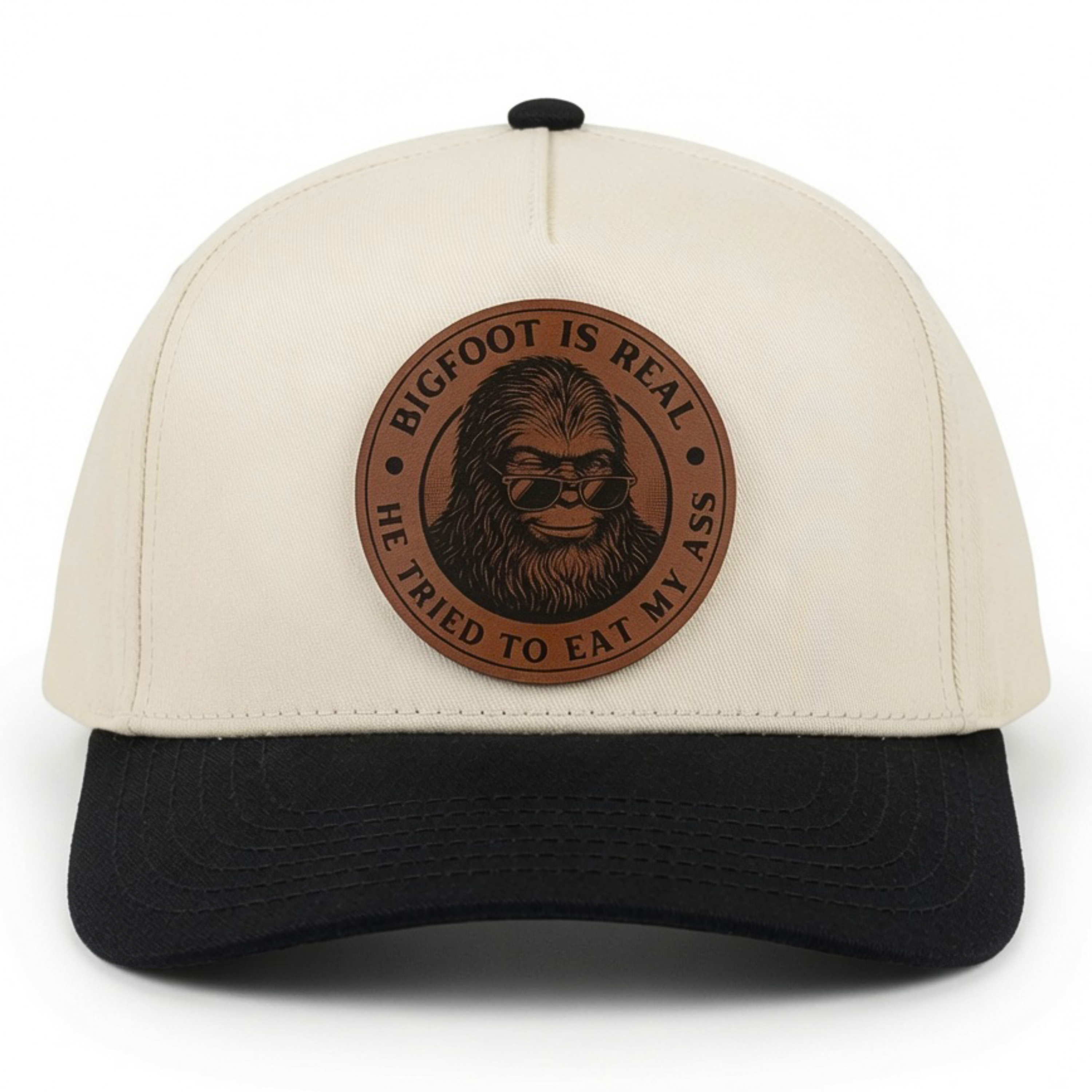 QUICK ORDER Bigfoot is real he tried to eat my ass hat - brown leather circle patch