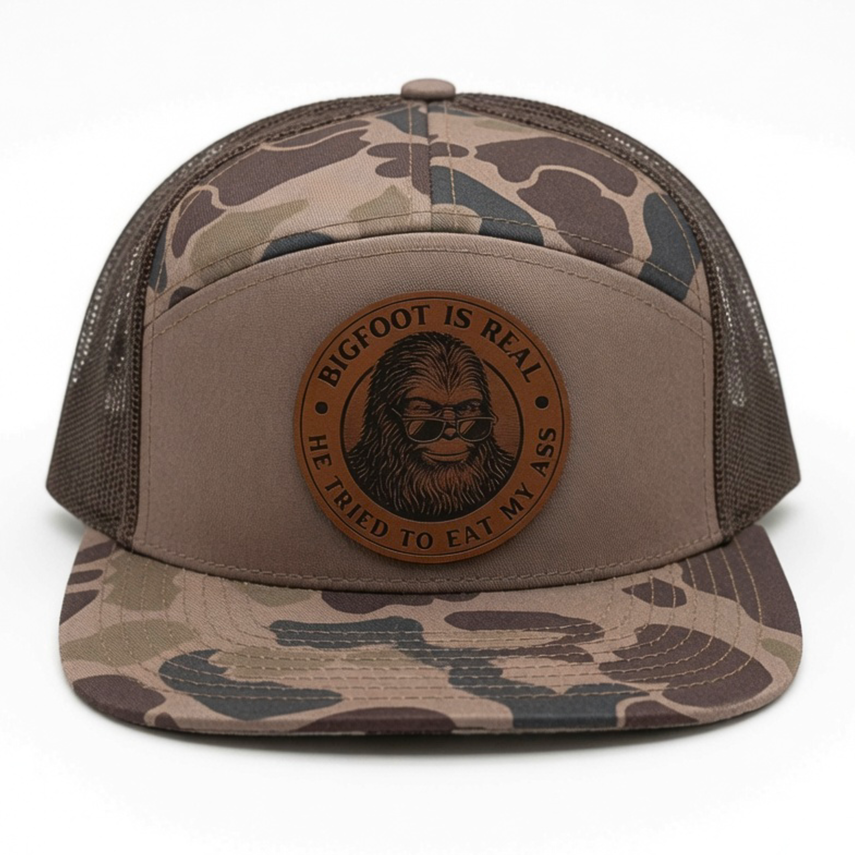 QUICK ORDER Bigfoot is real he tried to eat my ass hat - brown leather circle patch