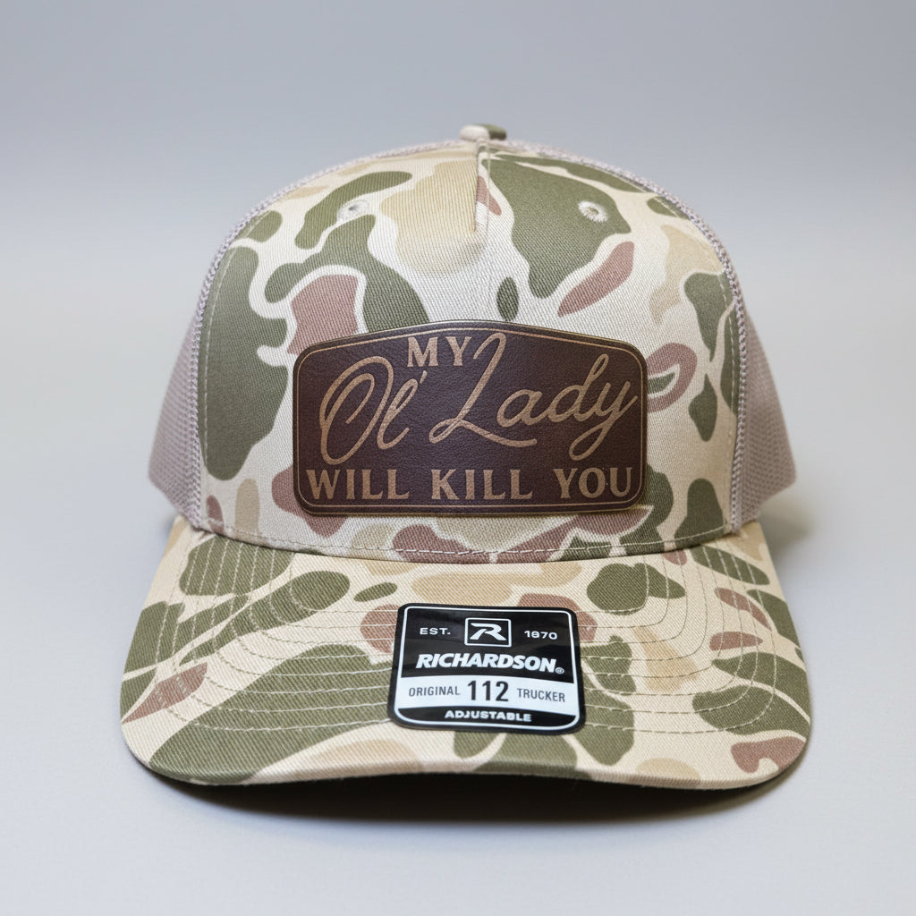 QUICK ORDER my ol' lady will k*ll you hat - brown/gold patch