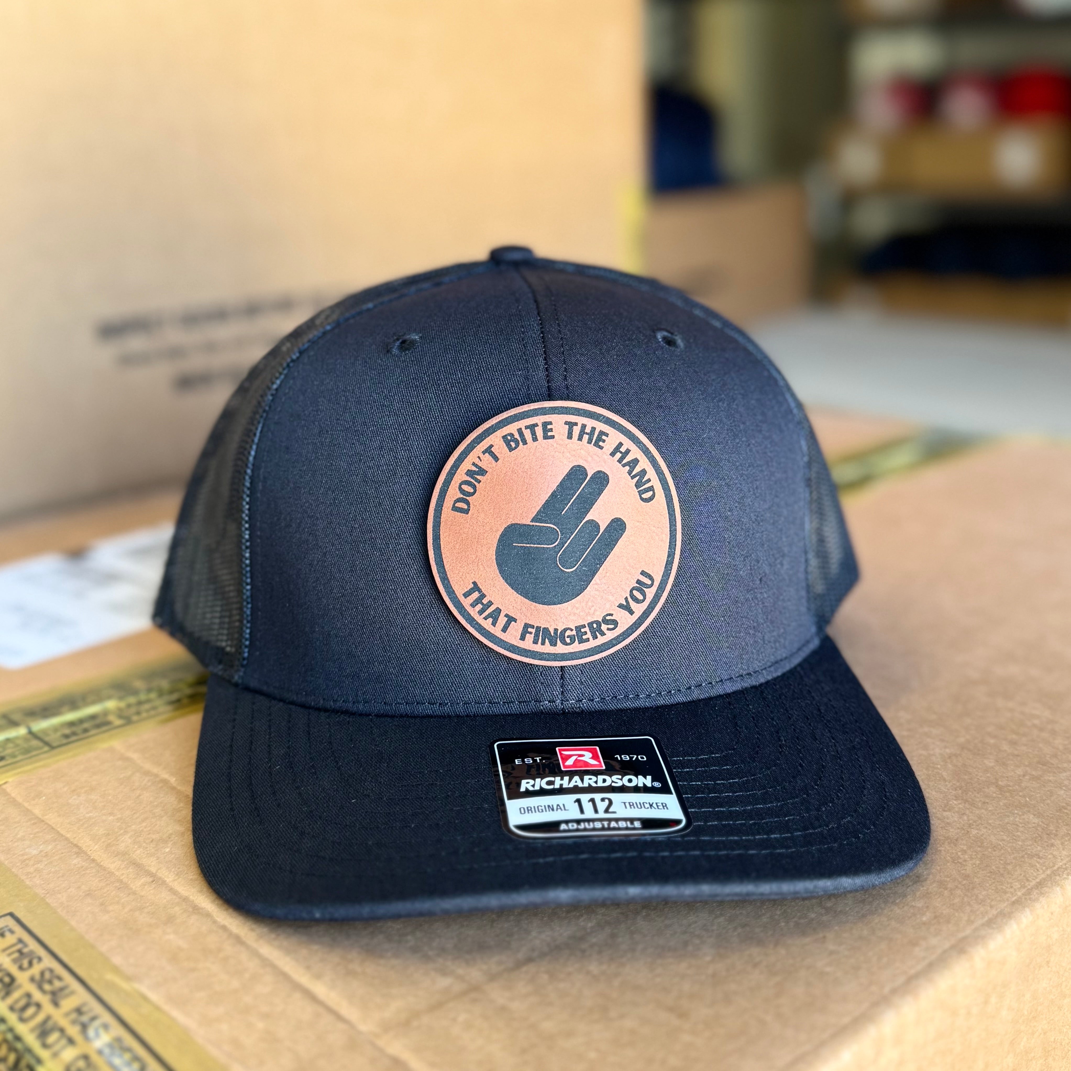 QUICK ORDER Don’t Bite The Hand That Fingers You Hat - brown leather circle patch