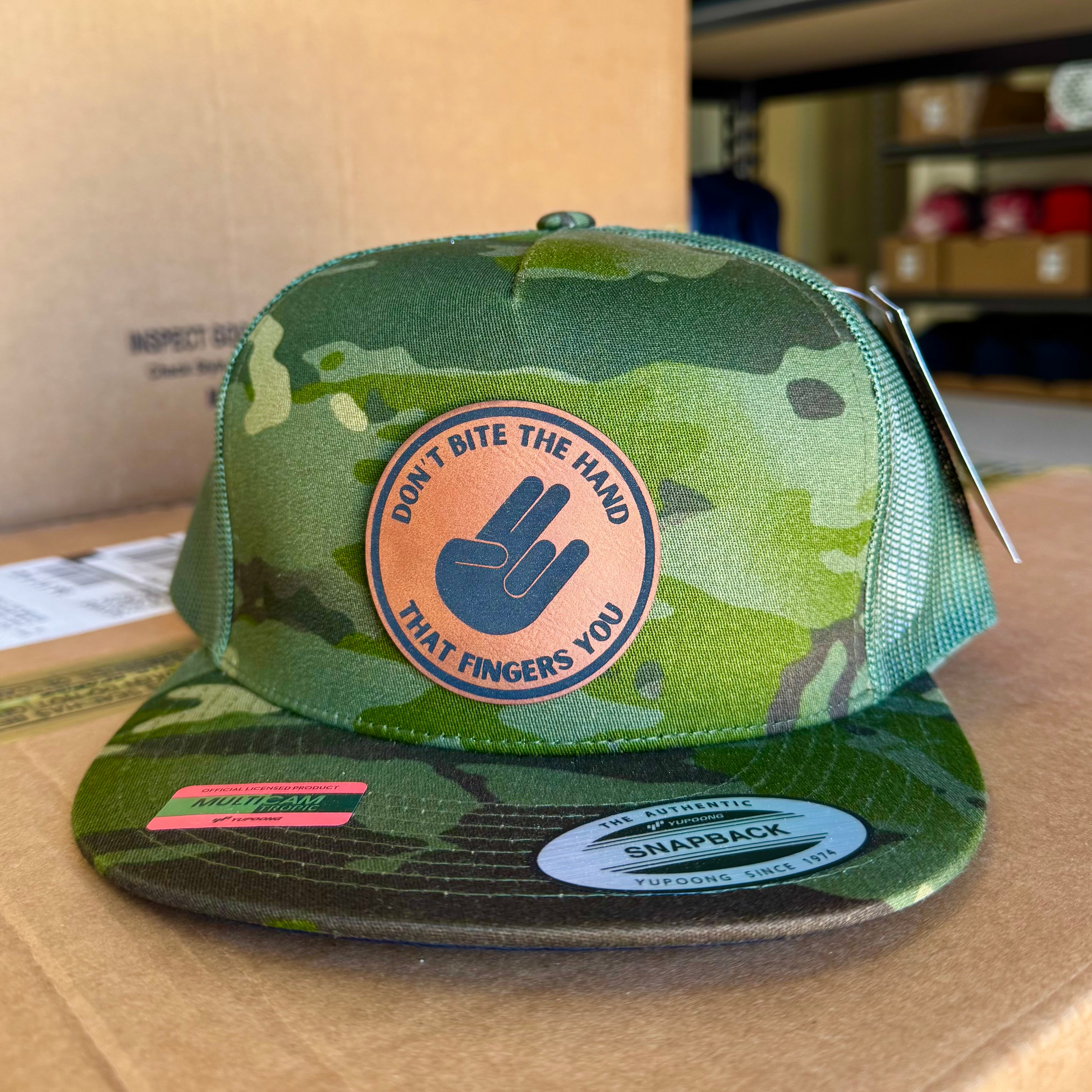 QUICK ORDER Don’t Bite The Hand That Fingers You Hat - brown leather circle patch